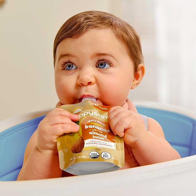 Happy Baby Organics Nutty Blends Stage 2, Fruit and Nut Butter, Allergen Introduction in Baby Appropriate Texture, for 6+ Months, 8 Variety Ct