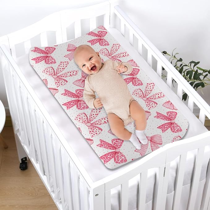 Pink Valentine Bows Baby Changing Pad Covers for Girl 32''x16'' Girly Pink Hair Bows Fitted Diaper Changing Table Sheets Valentine Hearts Love Soft Breathable Nursery Baby Changing Table Mats Pink