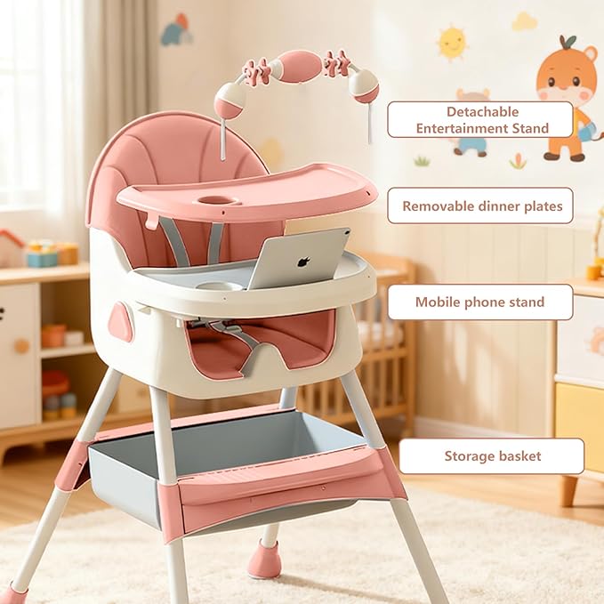 Foldable 4-in-1 Baby High Chair for Babies & Toddlers, High Chair with Detachable PU Cushion, Removable Tray, Adjustable Height, Locking Wheels,Pink