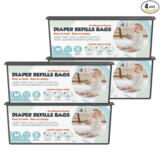 Diaper Pail Refills Bags with 30 Bags Compatible with Genie Easy Roll Signature and Platinum Diaper Pails, 7-Layer Odor-Barrier Technology, 4 Pack (120 Bags)