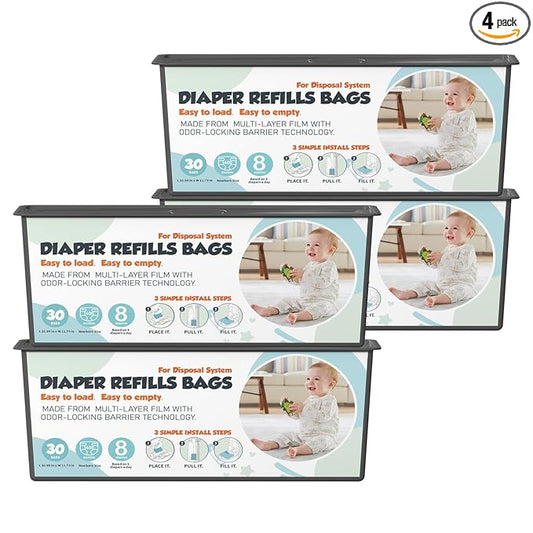 Diaper Pail Refills Bags with 30 Bags Compatible with Genie Easy Roll Signature and Platinum Diaper Pails, 7-Layer Odor-Barrier Technology, 4 Pack (120 Bags)