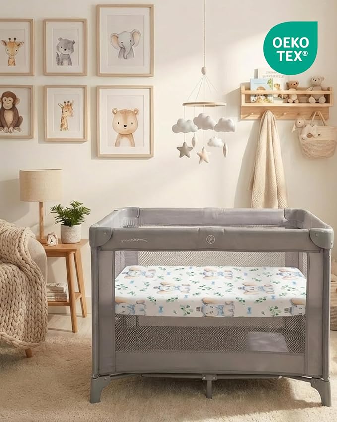 Pack and Play Sheets Fitted - 2 Pack Mini Crib Sheets for Pack N Play Mattress - Unisex Playard Microfiber Bedding for Boys & Girls - Soft, Breathable & Wrinkle Free - Oeko-Tex, 38 x 26in - Elephant