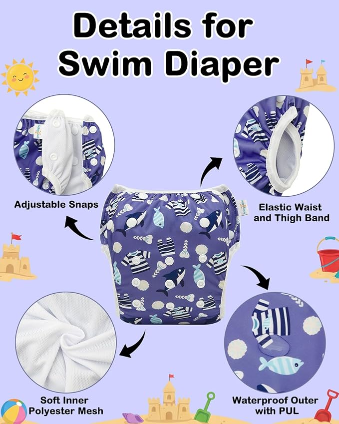 Babygoal Swim Diapers 3 Pack for 8 Months-3 Years Infant and Toddler, Reusable Adjustable Washable for Baby Swimming Lessons-Fish & Shark