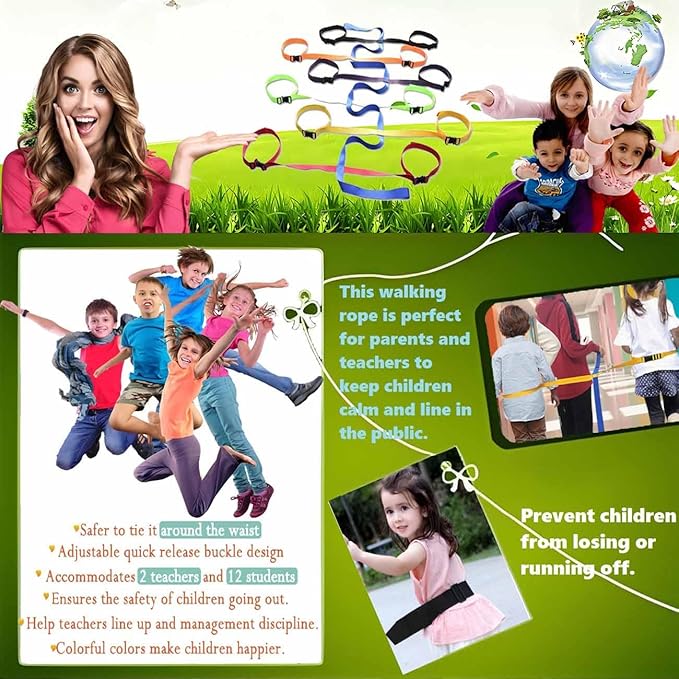 Walking Rope for Preschool,Toddler Walking Rope with Waist Belts,Children's Walking Ropes with 12 Colorful Handles,Outdoor Safety Daycare Rope for Preschool Nursery Includes a Storage Bag