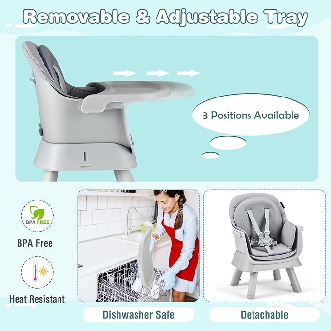 HOMGX Baby High Chair, 8-in-1 Convertible High Chair w/Removable Tray & Safety Harness, Infant Dining Booster Seat, Building Block Table & Chair Set, Highchair for Babies and Toddlers (Grey)