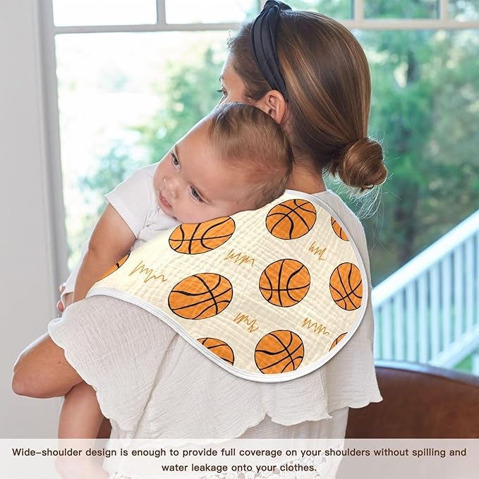Muslin Burp Cloths for Baby Boys and Girls - 2-Pack Ultra Absorbent Basketball Muslin Washcloths, Newborn Towel, Milk Spit Up Rags, Burp Cloth Bib for Unisex, 22 x 11 Inch