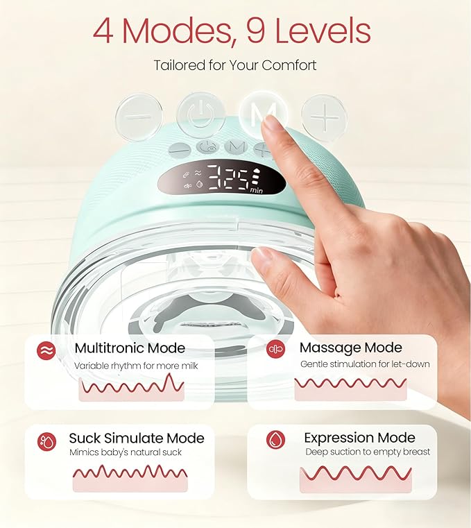 NCVI Breast Pump Hands Free, Wearable Electric Breast Pump with Strong Suction, 180min Battery Life with 4 Modes & 9 Levels, 19/21/24mm Flange Anti-Leakage Portable Breastfeeding Pump for Moms （Green）