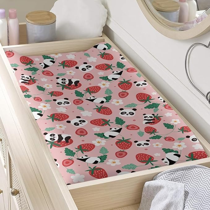 GOSTONG Panda Strawberry Changing Pad Cover for Toddler Baby Girls Boys Diaper Change Table Sheet Cover Replacement Stretchy Changing Table Covers Soft Breathable