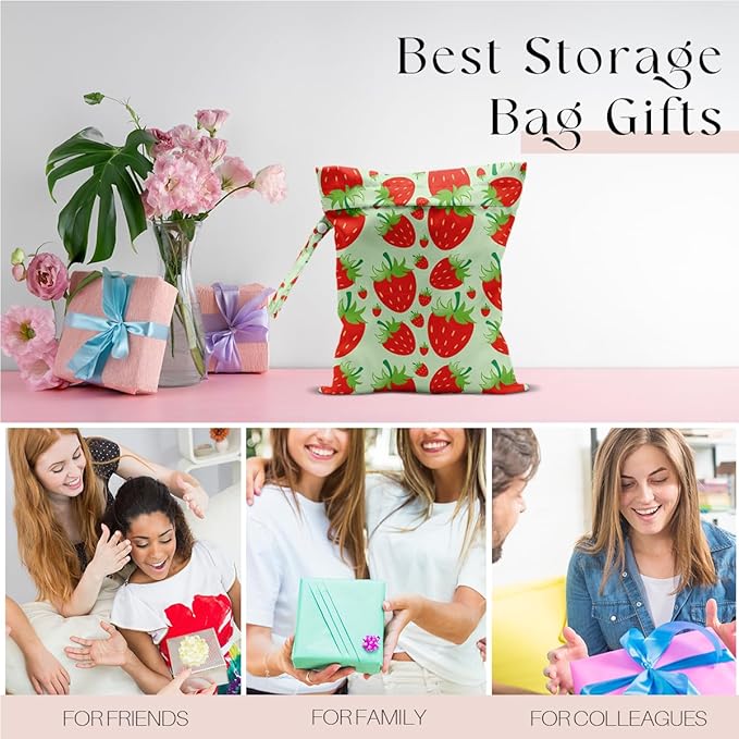 Wet Bag, Wet Dry Bag, Waterproof Swim Bags, Machine Washable Reusable Bags for Beach, Pool, Diapers, and Dirty Yoga Gym Clothes(Green & Red Strawberry Print
