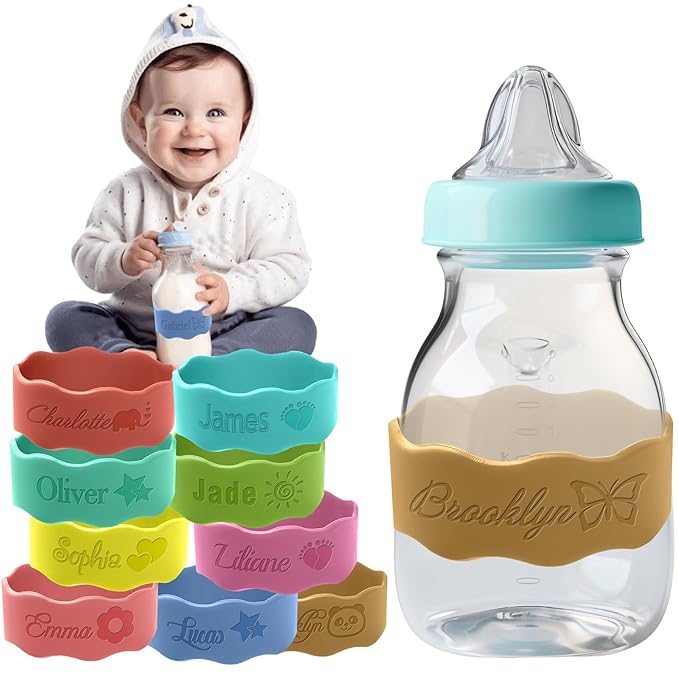 Personalized Water Bottle Name Bands Custom Engraved Silicone Labels Customized Silicone Baby Bottle Labels for Daycare Reusable Baby Bottle Straps for Kids Cups School Waterproof-Brown