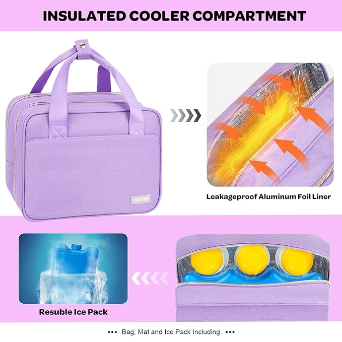 Wearable Breast Pump Bag with Cooler Compartment Compatible with Momcozy M5/S12 Pro, Elvie & Medela Pump in Style, Carrying Case with a Ice Pack & Waterproof Mat for Breast Pump and Accessories,Purple