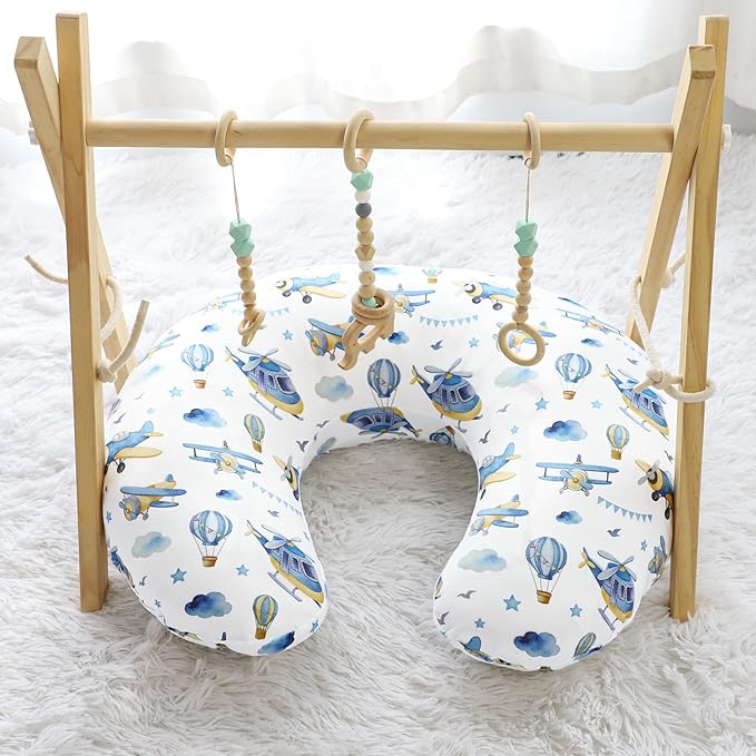 Nursing Pillow Cover, Breastfeeding Pillow Cover for Baby Girls Boys, Soft Stretchy Nursing Pillowcase for Infant Newborn, Removable Slipcover for Nursing Pillows, Blue Airplane(Only Cover)