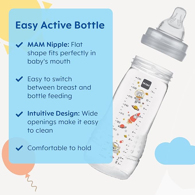 MAM Easy Active Baby Bottle, Switch Between Breast and Clean, 4+ Months, Boy & Bottle Nipples Fast Flow Level 3, SkinSoft Silicone for Baby Bottles