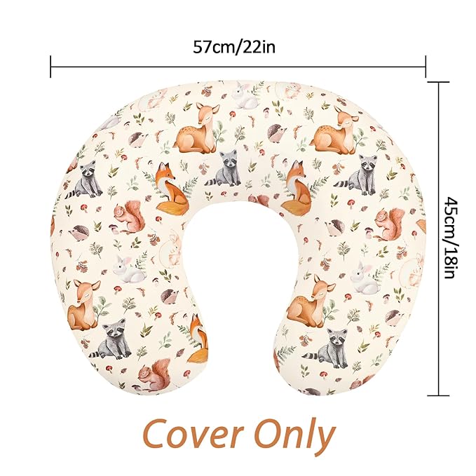 Nursing Pillow Cover for Baby Boy and Girl, Ultra Soft Comfortable Stretchy Removable Slipcover for Newborn Breastfeeding Pillows, Woodland Animals