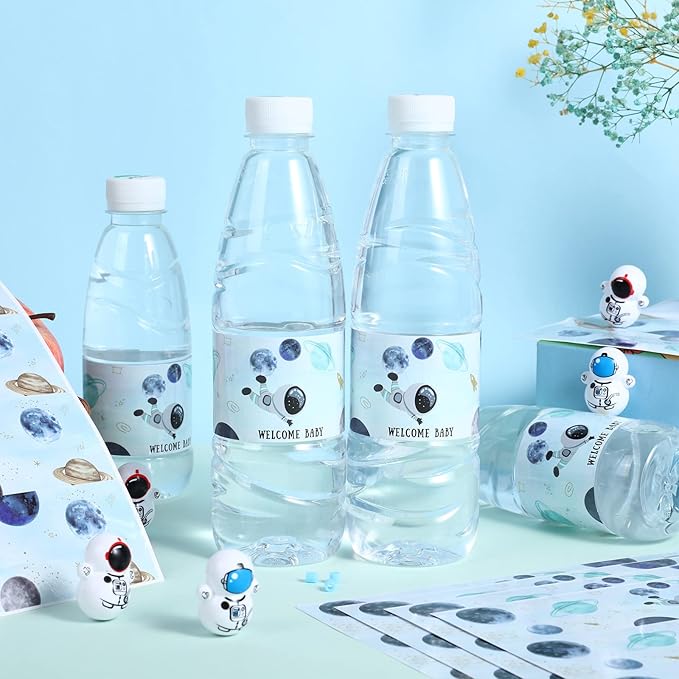 28Pcs Outer Space Baby Shower Water Bottle Labels, Solar System Welcome Baby Water Bottle Wrappers for Gender Reveal Decor - Personalized Astronaut Label Supplies