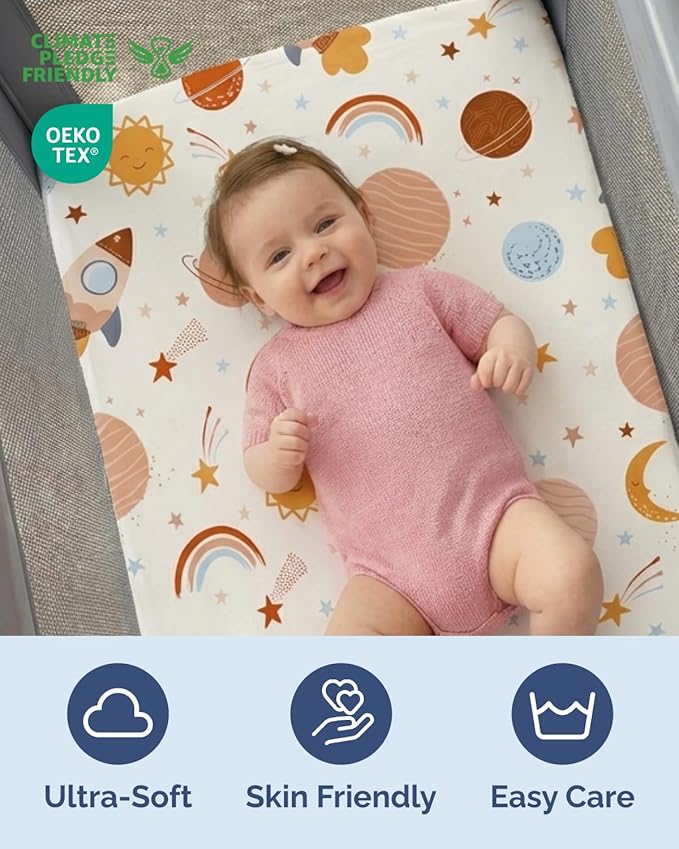 Pack and Play Sheets Fitted - 2 Pack Mini Crib Sheets for Pack N Play Mattress - Unisex Playard Microfiber Bedding for Boys & Girls - Soft, Breathable & Wrinkle Free - Oeko-Tex, 38 x 26in - Space Boy