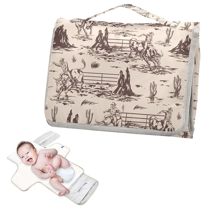 Western Portable Diaper Changing Pad with Wipes Holder, American Cowboy Foldable Baby Diaper Changer Travel Bag Cute Baby Changing Mat with Built-in Pillow for Newborn