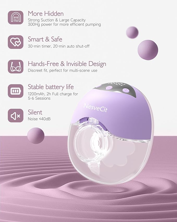 Wearable Breast Pump Hands Free, 4 Modes & 12 Suction Levels, Painless 300mmHg Suction Portable Electric Pump, Adjustable Flanges 19/21/24mm for Working Moms & On-The-Go Pumping, 2 Pack Purple