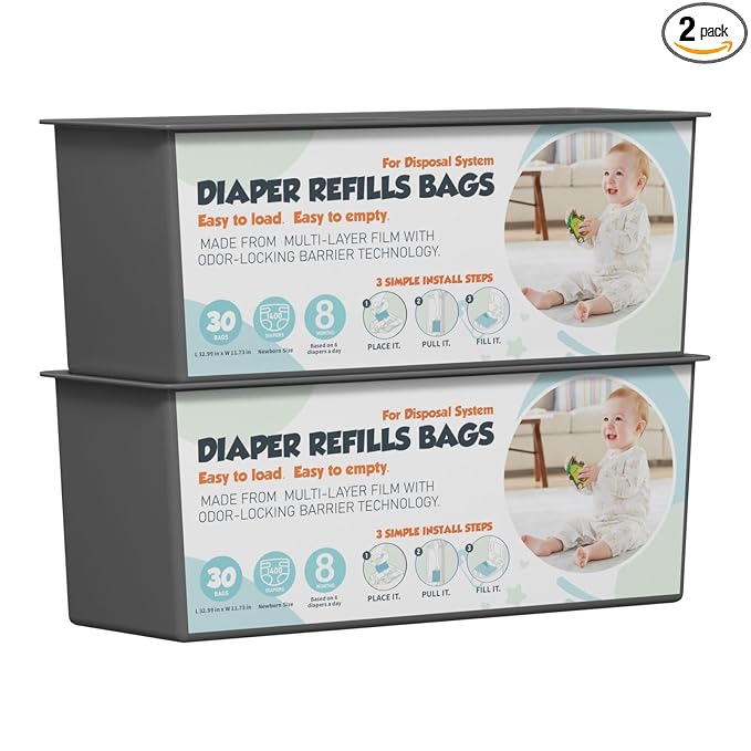 Diaper Pail Refills Bags with 30 Bags (Baby Powder Scent) Compatible with Genie Easy Roll Signature and Platinum Diaper Pails, 7-Layer Odor-Barrier Technology 2 Pack (60 Bag)
