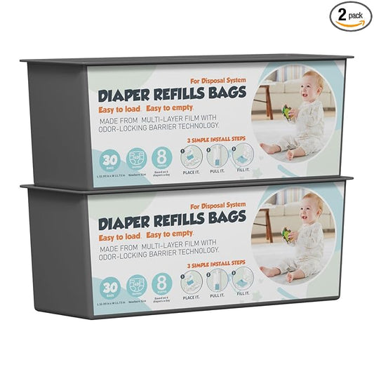Diaper Pail Refills Bags with 30 Bags (Baby Powder Scent) Compatible with Genie Easy Roll Signature and Platinum Diaper Pails, 7-Layer Odor-Barrier Technology 2 Pack (60 Bag)
