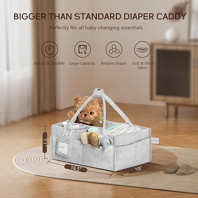 GEMII Diaper Caddy Organizer-Large Baby Caddy Organizer with Handle, Newborn Registry Essentials, Baby Shower Basket Gifts for Boys or Girls (Gray, Large)