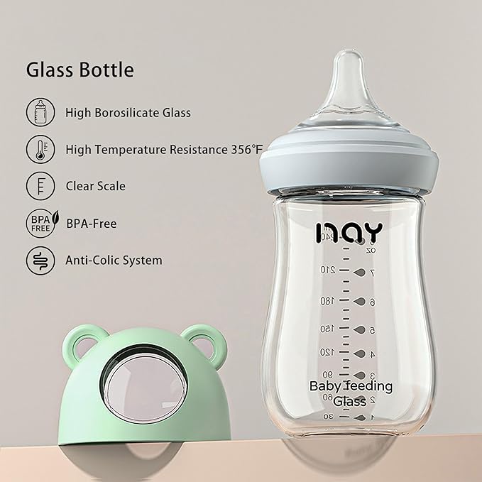 yanyoyo Natural Glass Baby Bottle for Breastfeeding Babies, 8oz Anti-Colic Baby Bottle with Natural Response Nipple(M), Clear, Wide Neck, 4 Pack, 3 Months+