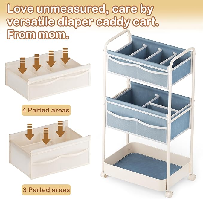 Baby Diaper Caddy, Premium Metal& Felt Movable Cart with Dividers for Newborn Nursery Essentials, Large Capacity Rolling Diaper Storage Caddy Organizer for Changing Table &Crib, Easy Assembly- Gray