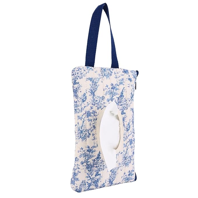 Quilted Baby Wipe Holder, Canvas Floral Quilted Pouch with Hanging Strap, Portable Diaper Wipe Holder for Travel Stroller-Classic Blue