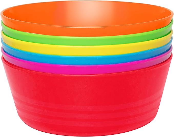 PLASKIDY Plastic Toddler Bowls Set of 6 - 10 Oz Kids Bowls, Microwave & Dishwasher Safe, BPA Free, Brightly Colored, Great for Cereal, Soup, Snack, Fruit or Salad