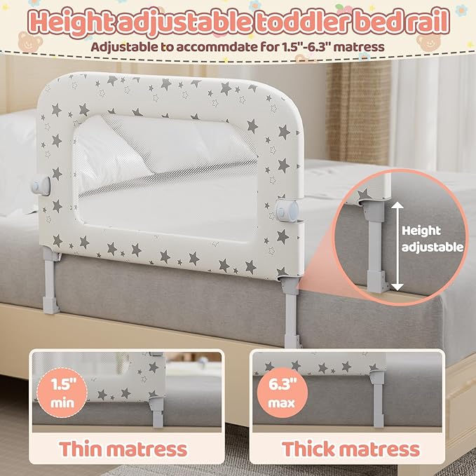 Bed Rail for Toddlers: 32" Foldable Toddler Bed Rails Bed Safety Rail, Height Adjustable Baby Bed Rail Guard for Crib Twin, Full, Queen Bunk Size Bed, Portable Bed Railing for Baby