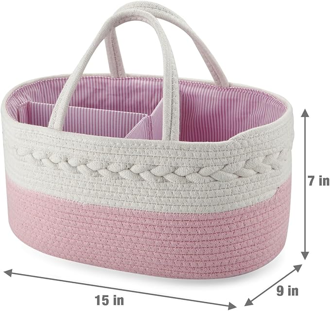 PandaEar Baby Diaper Caddy Organizer Cotton Rope Nursery Storage Basket Portable Car Organizer for Baby Shower Gifts Newborn Infants -Pink