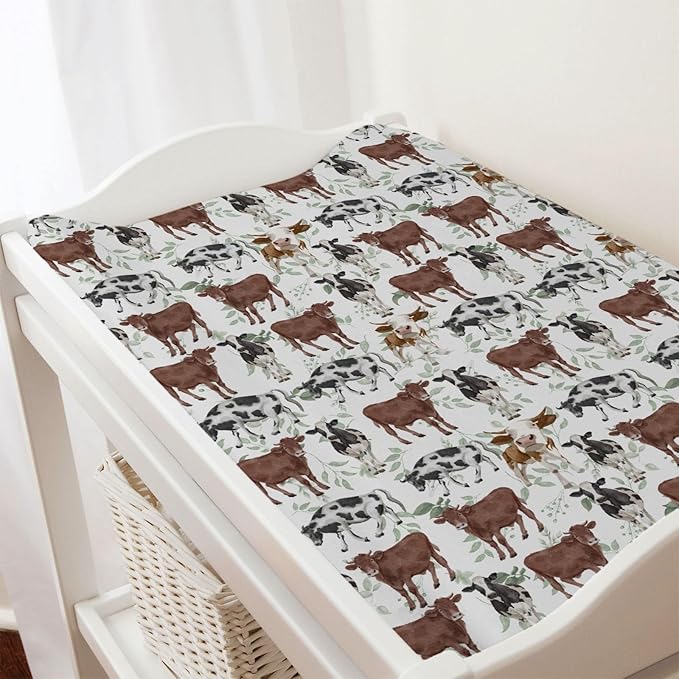 Cute Cows Changing Pad Covers Watercolor Cows Green Leaves Baby Nursery Diaper Changing Pad Sheets for Boys Girls Ultra Soft Breathable Stretch Changing Table Mat Sheets Cover 32''x16''