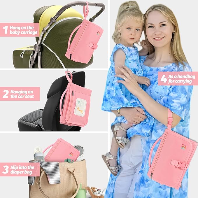 PZU Portable Diaper Changing Pad - Changing Pad Portable with Wipes Pocket, Waterproof Diaper Changing Mat, Portable Changing Pad for Baby, Newborn Gift (Pink)