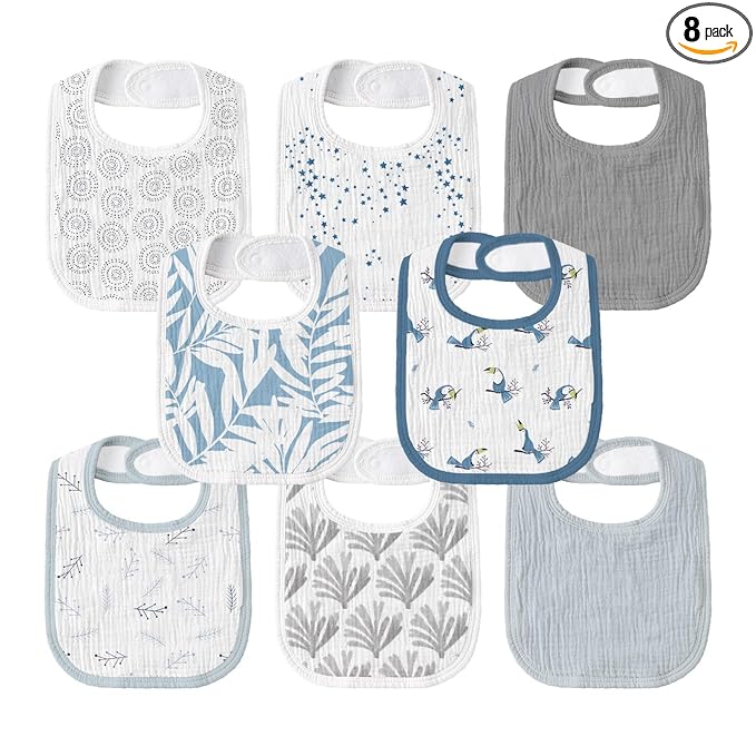 GLLQUEN BABY Muslin Drool Bibs for Boys Girls 8 Pack, Adjustable Baby Bibs for Drooling and Teething, Soft Cotton Baby Bandana Bib for Newborn Feeding Essentials (Toucan)