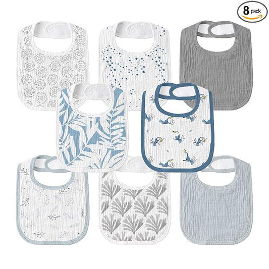 GLLQUEN BABY Muslin Drool Bibs for Boys Girls 8 Pack, Adjustable Baby Bibs for Drooling and Teething, Soft Cotton Baby Bandana Bib for Newborn Feeding Essentials (Toucan)
