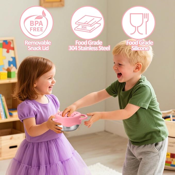BUSOHA 2 Pack Stainless Steel Toddler Snack Cups - 12 OZ Spill-Proof Baby Snack Containers with Silicone Catcher and Lid Travel Snack Containers for Kids Food Grade Silicone Dishwasher Safe