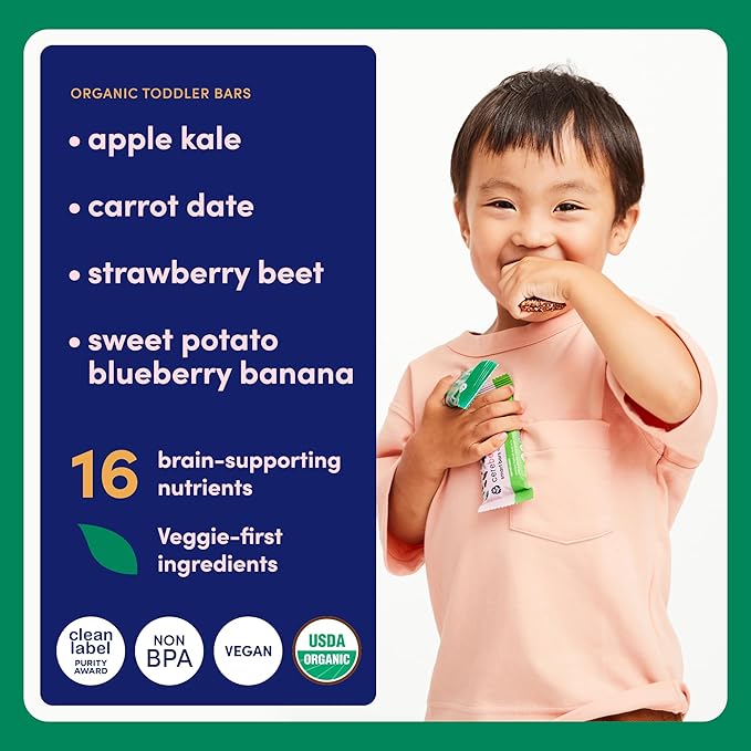 Cerebelly Organic Toddler Smart Bars Variety Pack 40-Count, 16 Brain-Supporting Nutrients, No Added Sugar, Gluten Free, Nut Free, Kids Snacks