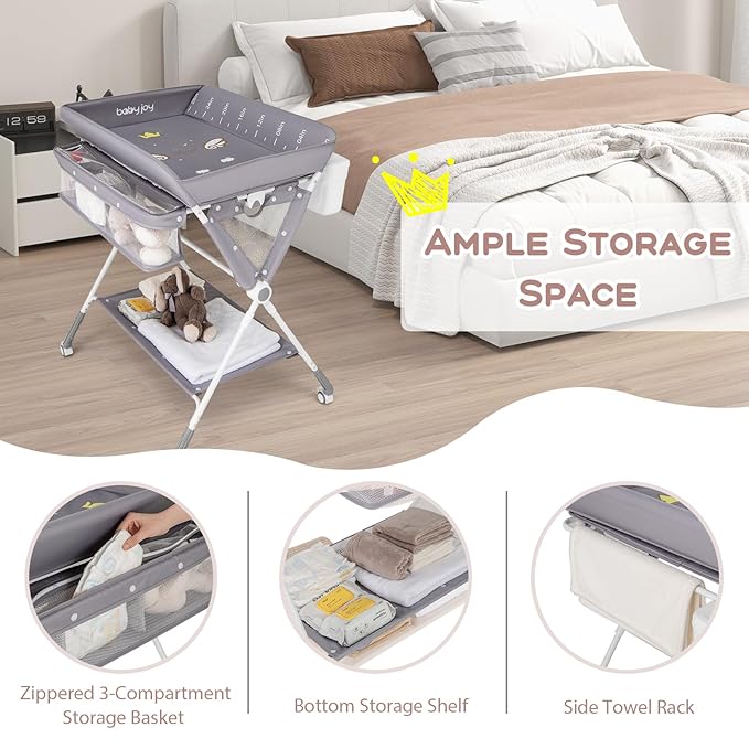 BABY JOY Portable Baby Changing Table, Foldable Diaper Changing Station with Wheels, Adjustable Height, Large Storage Rack, Trash Can, Mobile Nursery Organizer for Newborn Infant (Gray)