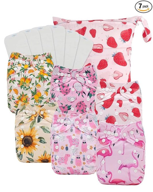 Babygoal Baby Cloth Diaper 6 Pack with 6pcs Inserts and Wet Bag for Fitted Diapers and Prefolds, Adjustable and Reusable Covers for Toddler Boys and Girls