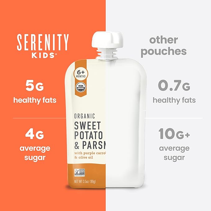 Serenity Kids 6+ Months Veggie Puree Baby Food Pouches - USDA Organic Baby Snacks - No Added Sugar Toddler Food - 1 Serving of Veggies for Toddler Snack - Sweet Potato & Parsnip - 3.5 Oz, Pack of 6
