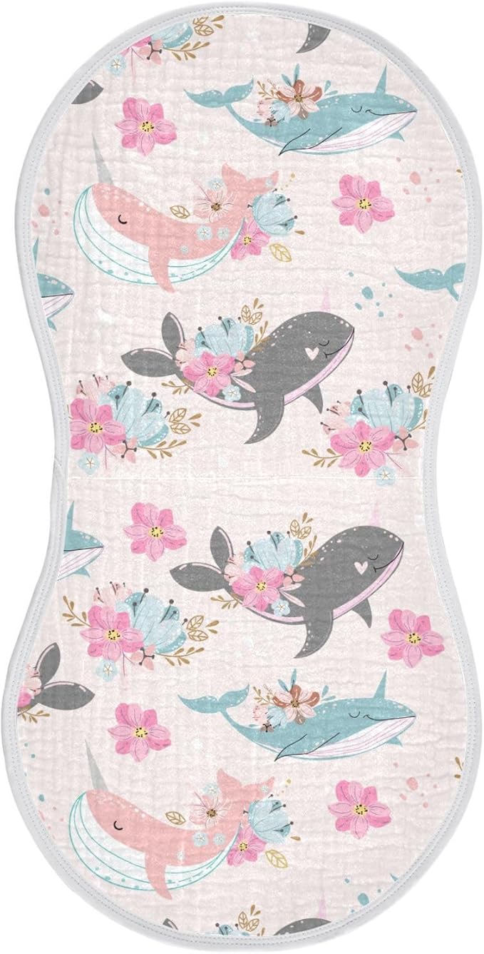 vvfelixl Whale Narwhal Flowers Burp Cloths for Baby Boy Girls Baby Washcloths Burp Rags 1 Pack