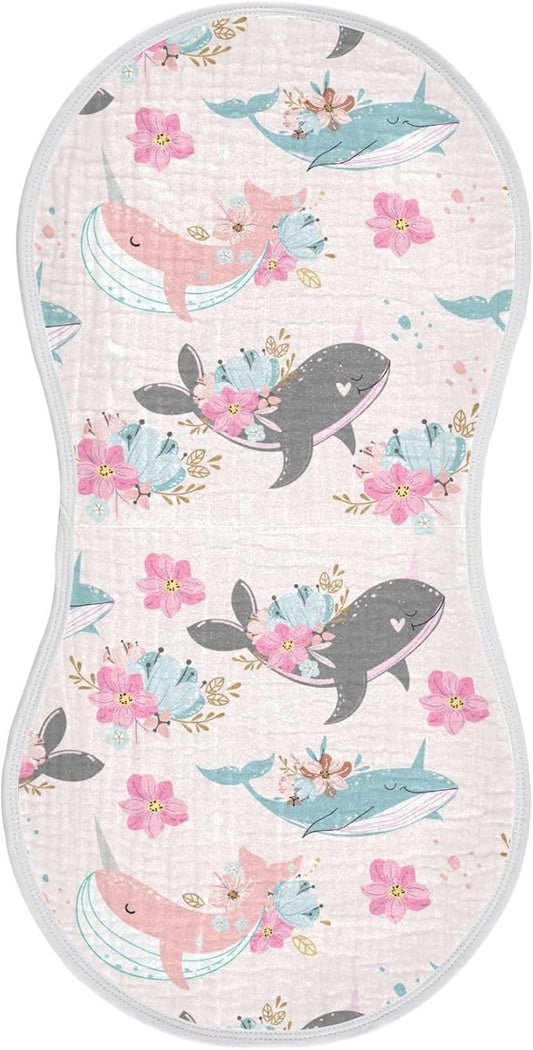vvfelixl Muslin Burp Cloths Whale Narwhal Flowers Baby Washcloths for Baby Girl Boys 2 Pack