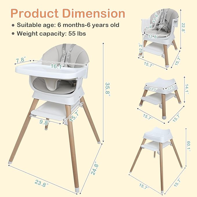 9 in 1 Convertible Baby High Chair with Booster Seat, Wooden Highchair for Babies and Toddlers with Removable Tray & 5-Point Harness, Multi-Functional Growing Seat for Feeding, Learning & Play, Gray