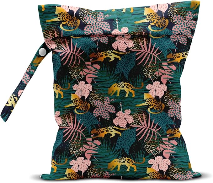 Wet Dry Bag, Wet Bag for Swimsuit, Travel, Beach, Pool, Diapers, Dirty Gym Clothes, Makeup Bag, Camping Accessories, Waterproof Reusable Jungle Tropical Leaves Cheetah Print