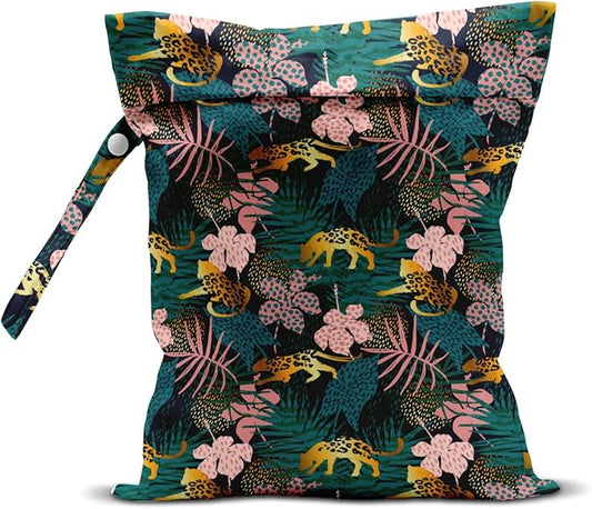 Wet Dry Bag, Wet Bag for Swimsuit, Travel, Beach, Pool, Diapers, Dirty Gym Clothes, Makeup Bag, Camping Accessories, Waterproof Reusable Jungle Tropical Leaves Cheetah Print