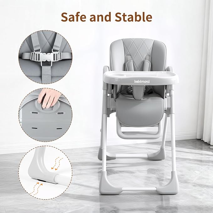 babimoni 4 in 1 High Chairs for Babies and Toddlers, Convertible Foldable Baby High Chairs, Feeding and Eating Seat Highchair with 4 Levels of Recline and 7 Levels of Height Adjustment, Gray