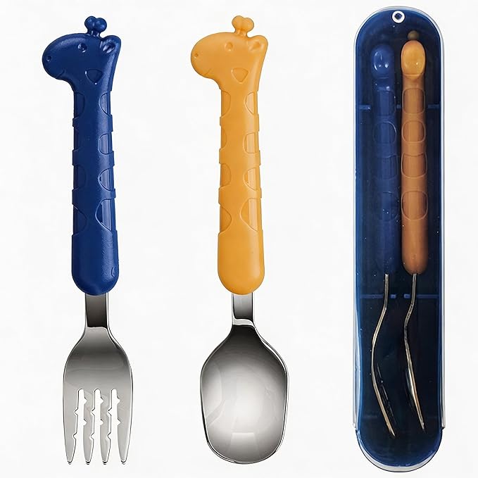 2-Piece Kid Utensils Set, 304 Stainless Steel Kids Fork and Spoon for Self-feeding, Safe Kid Silverware with storage case for School Lunch, Travel & Outdoors, Dishwasher Safe(BLUE)