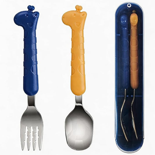 2-Piece Kid Utensils Set, 304 Stainless Steel Kids Fork and Spoon for Self-feeding, Safe Kid Silverware with storage case for School Lunch, Travel & Outdoors, Dishwasher Safe(BLUE)
