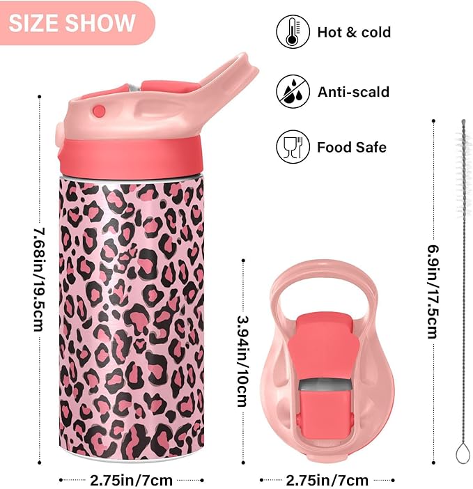 Purple Cheetah Kids Water Bottle with Straw and Carry Handle Leopard Vacuum Insulated Stainless Steel Bottles Leak-Proof for Boys Girls Toddler 12 oz Pink Lid