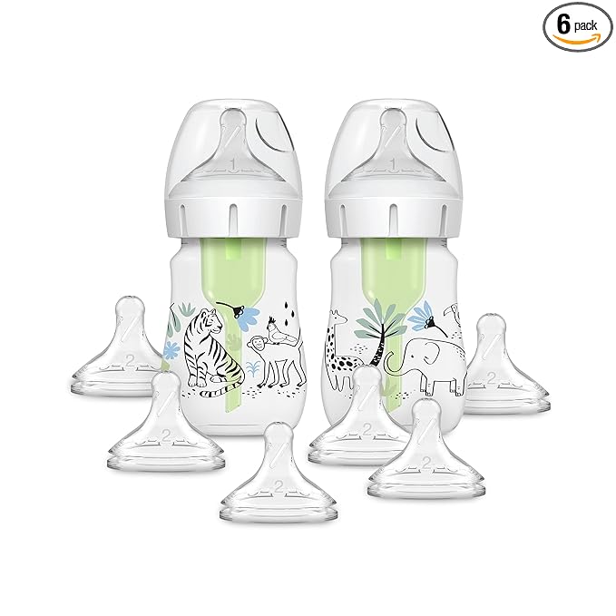 Dr. Brown’s Natural Flow® Anti-Colic Options+™ Wide-Neck Baby Bottle Designer Edition Bottles, Jungle Decos, 5 oz/150 mL, Level 1 Nipple, 2-Pack, 0m+ with 6-Pack Level 2 Nipples